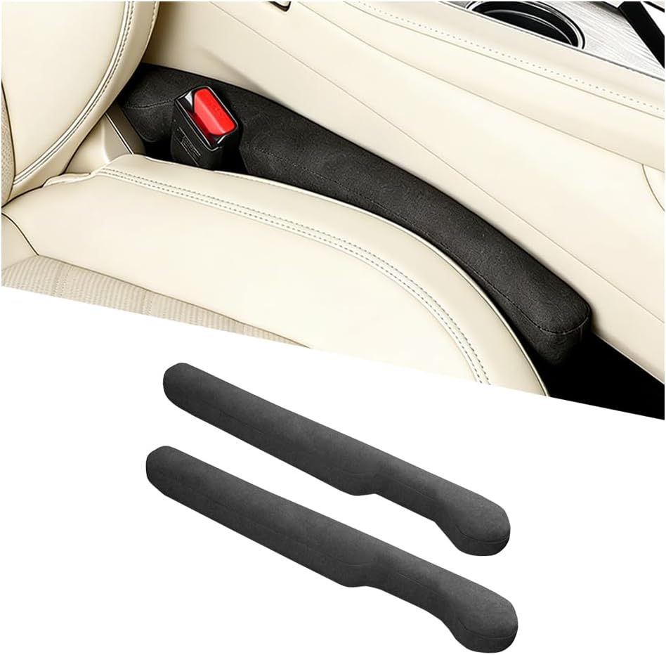 2 Pack Suede Leather Seat Gap Fillers, Black | PP cotton filling, tapered tool-free insertion, blocks phones cards coins and keys, seatbelt-buckle clearance, interior item