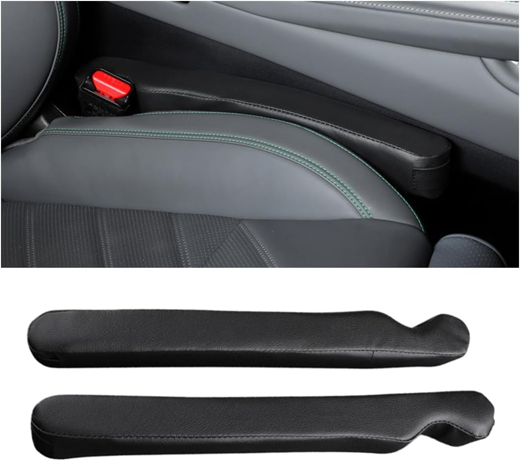 2PCS Leather Car Seat Gap Fillers with Buckle Slot, Black | leather construction, buckle-slot design, tool-free insertion, helps catch phones and keys, fits many seat-console gaps