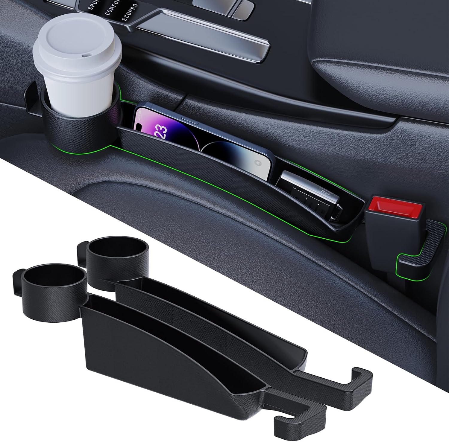Car Seat Gap Filler 2-Piece Set to Fill the Void Between Seat Seat Blocker to Prevent Items from Drop, 4-in-1 Multifunctional Water Cup Holder Hook Large Capacity Storage Universal SUV Sedan Truck