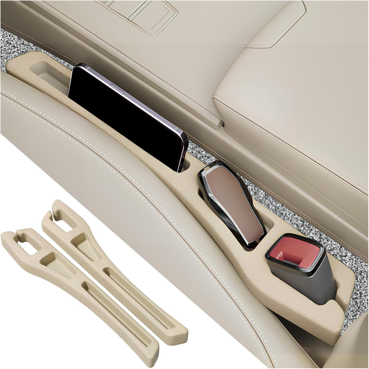 2PCS Car Seat Gap Filler Organizer,2 in 1 Car Gap Filler (Beige) | Multifunctional Design,Fill and Storage Function for Storing Phones Keys Cards,No Drop Seat Guard for Cars Suvs Trucks