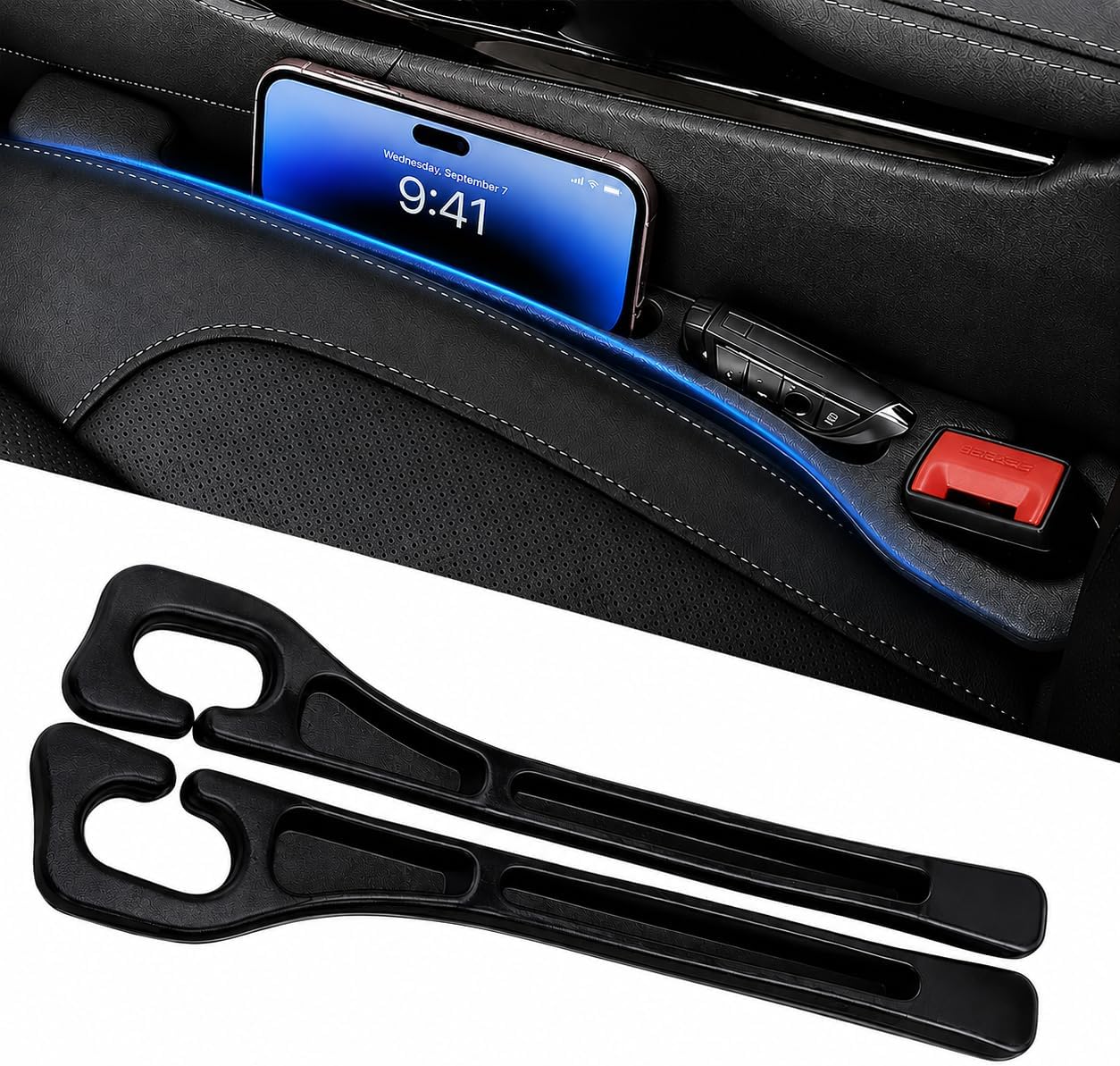 Car Seat Gap Filler 2 Pack, Universal Fit No Drop Seat Guard with Storage Pocket, Car Seat Gap Plug Prevents Phones, Keys and Coins from Falling, Auto Accessories for SUV, Truck, Sedan