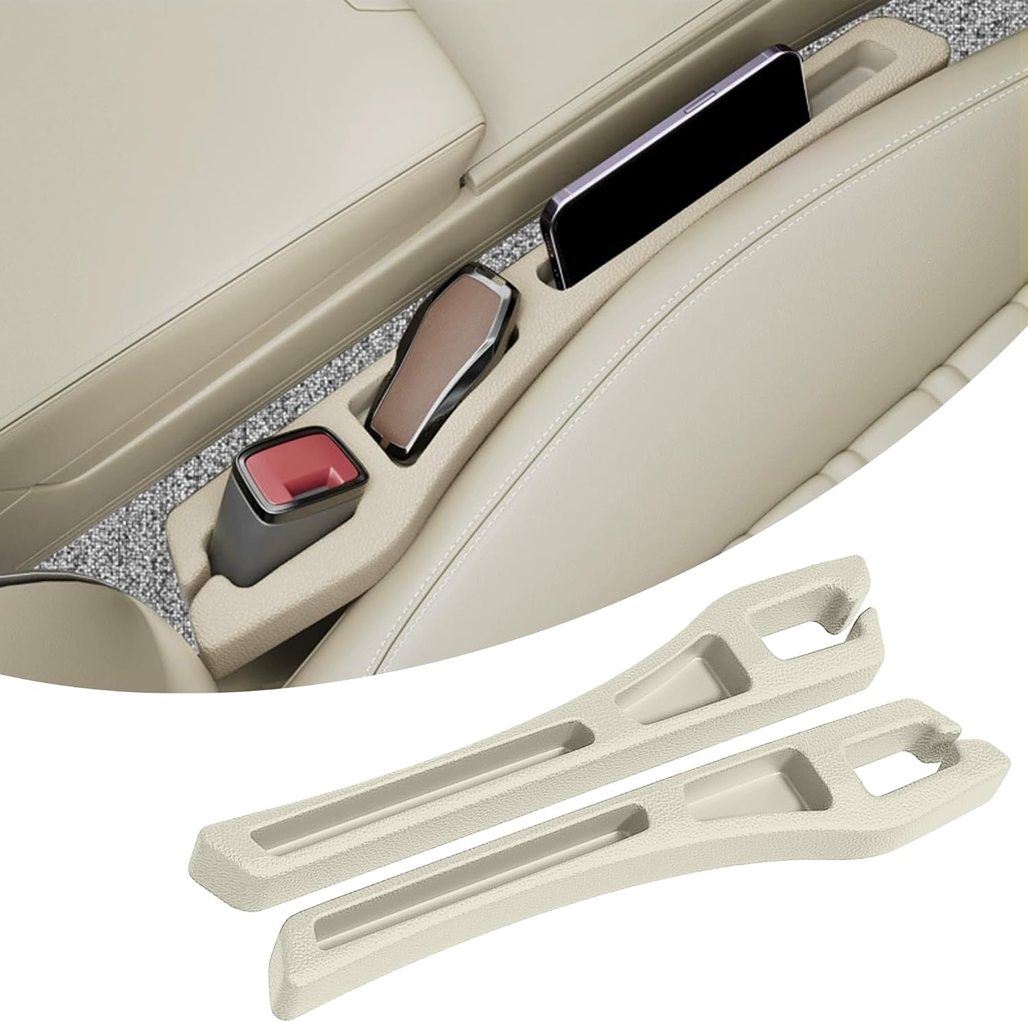 2PCS Car Seat Gap Filler Organizer, Multifunctional Car Gap Filler with Fill and Storage Function for Storing Phones Keys Cards, Universal No Drop Seat Guard for Cars (Beige) - Image 2