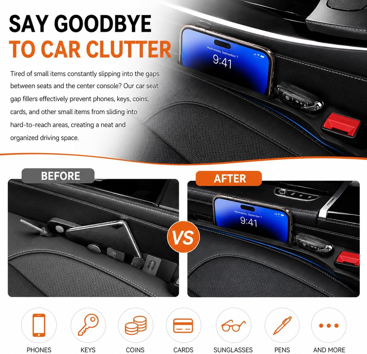 Car Seat Gap Filler 2 Pack, Universal Fit No Drop Seat Guard with Storage Pocket, Car Seat Gap Plug Prevents Phones, Keys and Coins from Falling, Auto Accessories for SUV, Truck, Sedan - Image 2