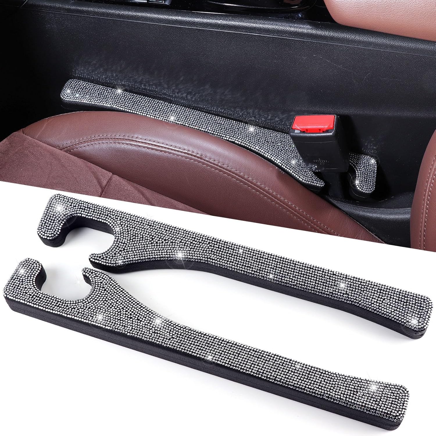 Briwill Bling Car Seat Gap Filler, 2 Pack Universal Fit for Car SUV Truck Handmade Crystal Rhinestone Diamond Car Gap Filler Bling Car Accessories for Women(Silver)