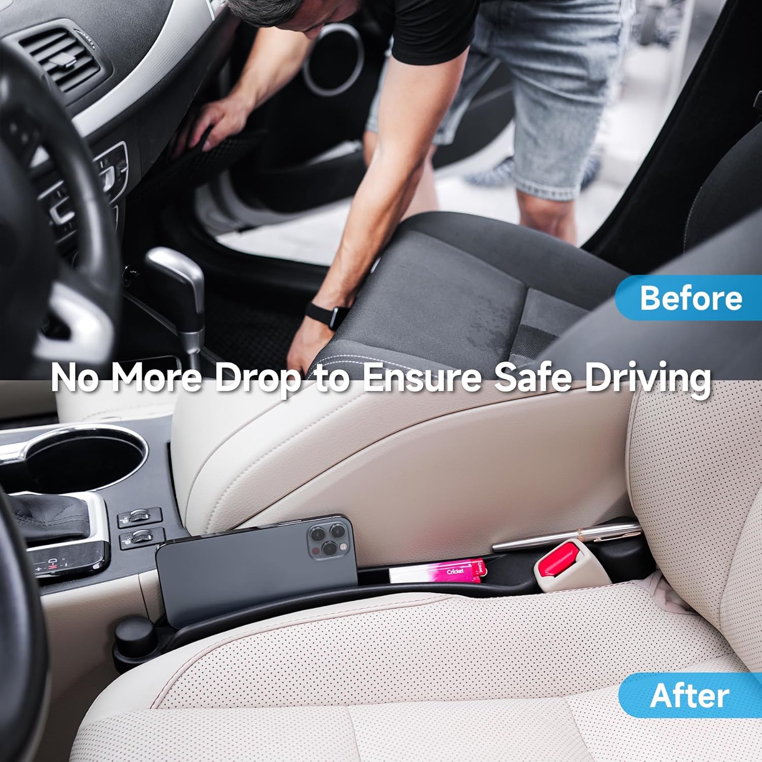 Car Seat Gap Filler Organizer 2Pack Soft Foam 3IN1 Multifunctional | Seat Side Gap Filler Strip with Storage Slot & Hook Accessory Universal Fit Car SUV Truck Fill The Gap Between Seat & Console - Image 2